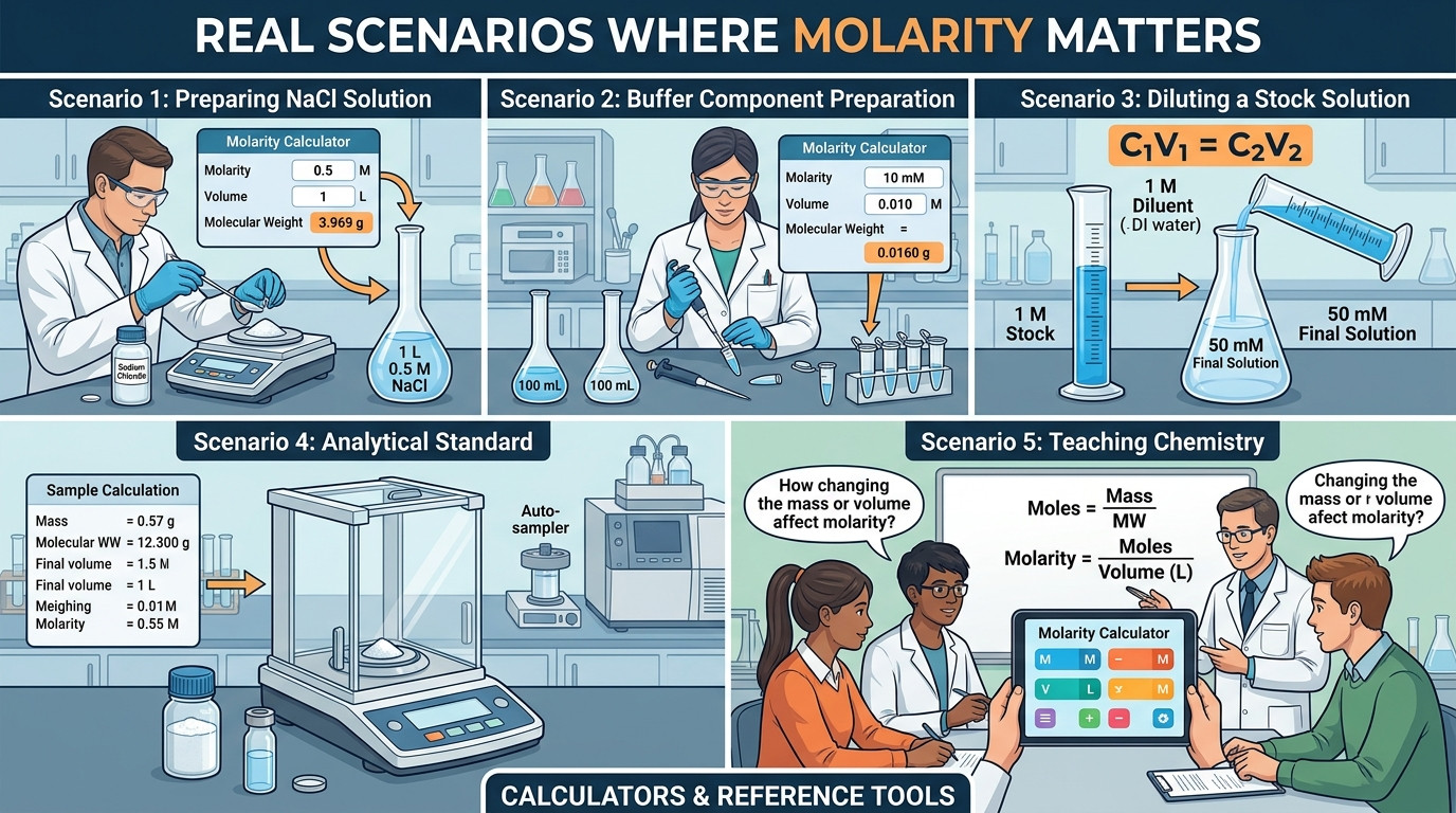 molarity calculator scenarios for salts buffers standards dilution and teaching