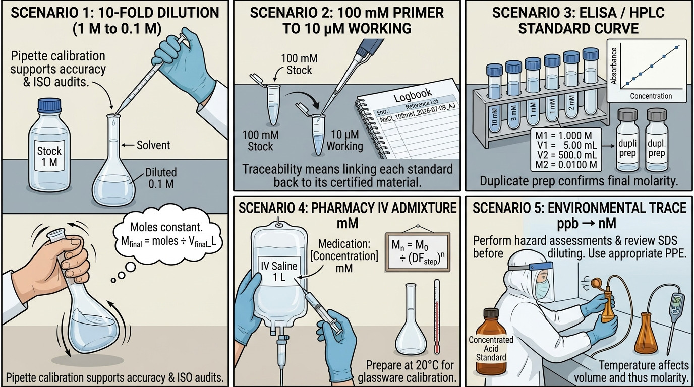 how to calculate molarity of diluted solution real lab scenarios analytical qPCR pharmacy environmental