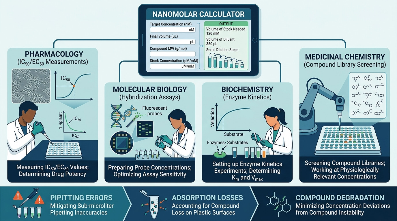 Nanomolar calculator with micropipettes, microcentrifuge tubes, and molecular biology lab equipment