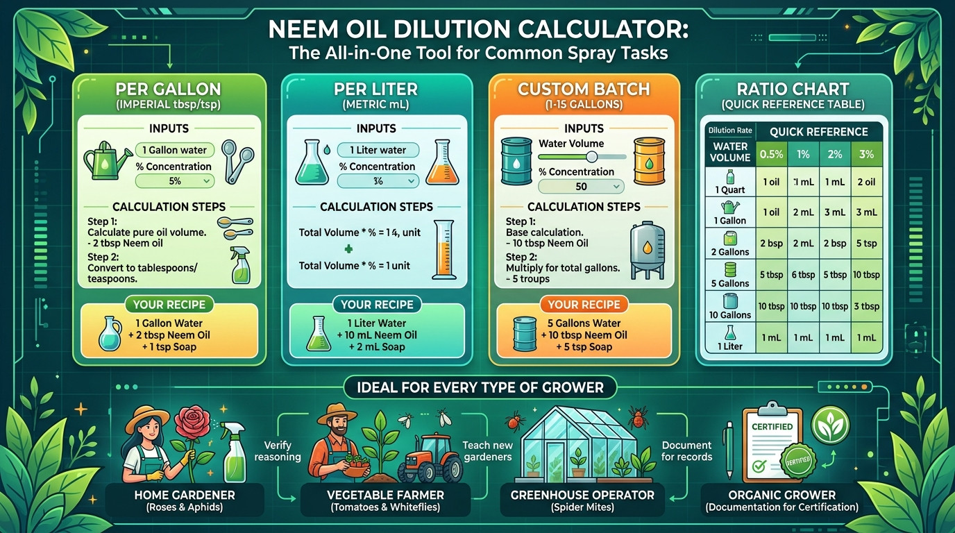 Neem oil dilution calculator with spray bottle, measuring spoons, and liquid soap in a garden setting