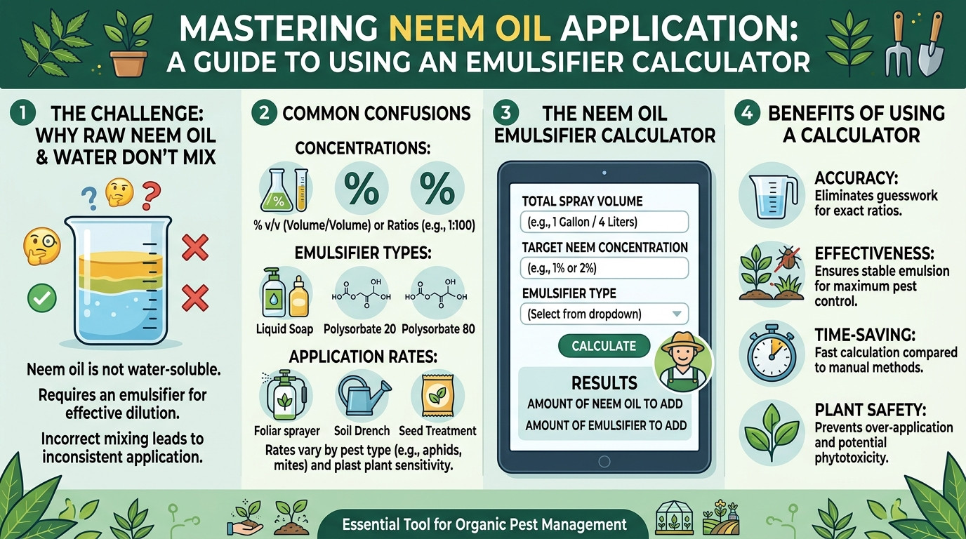 Neem oil emulsifier calculator with neem oil bottles, emulsifier, spray bottles, and garden plants