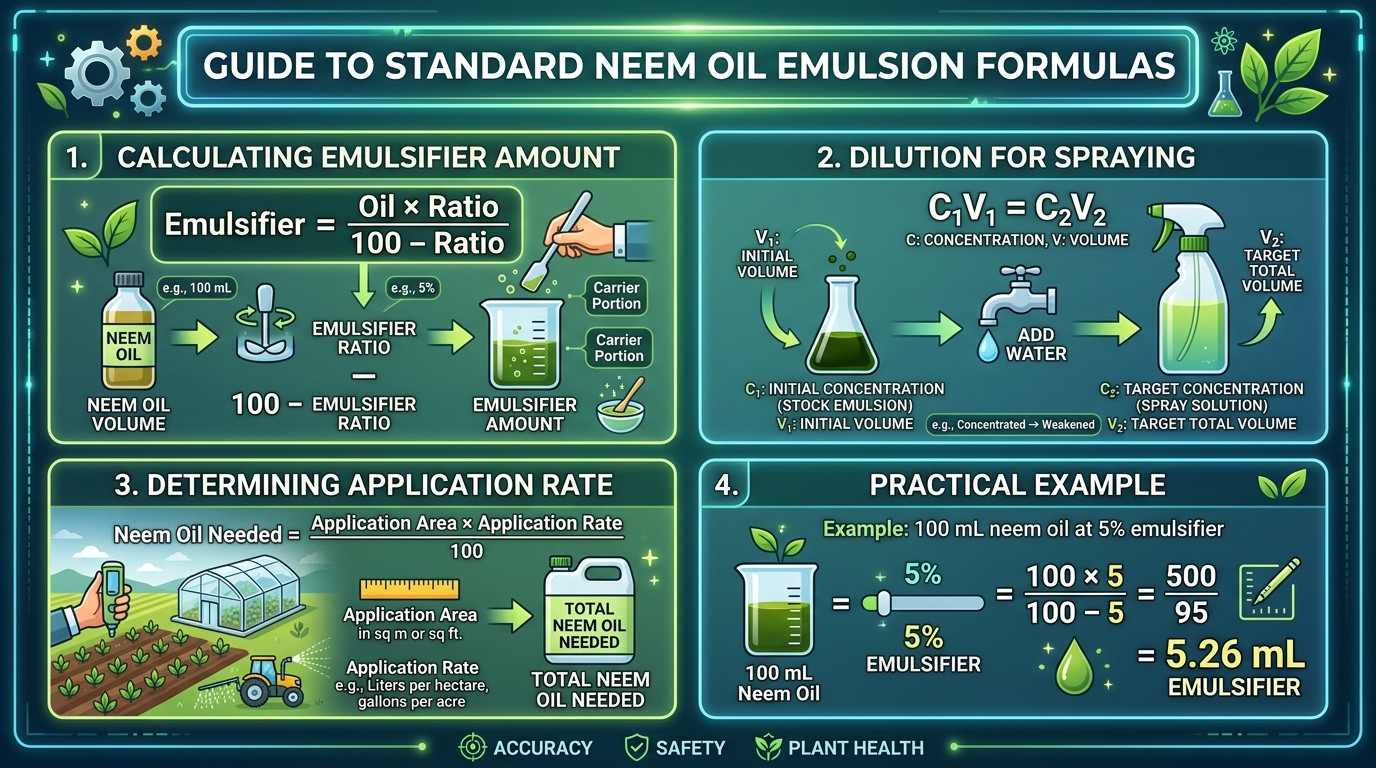 Neem oil emulsifier calculator formulas for emulsifier ratios, dilutions, and application rates