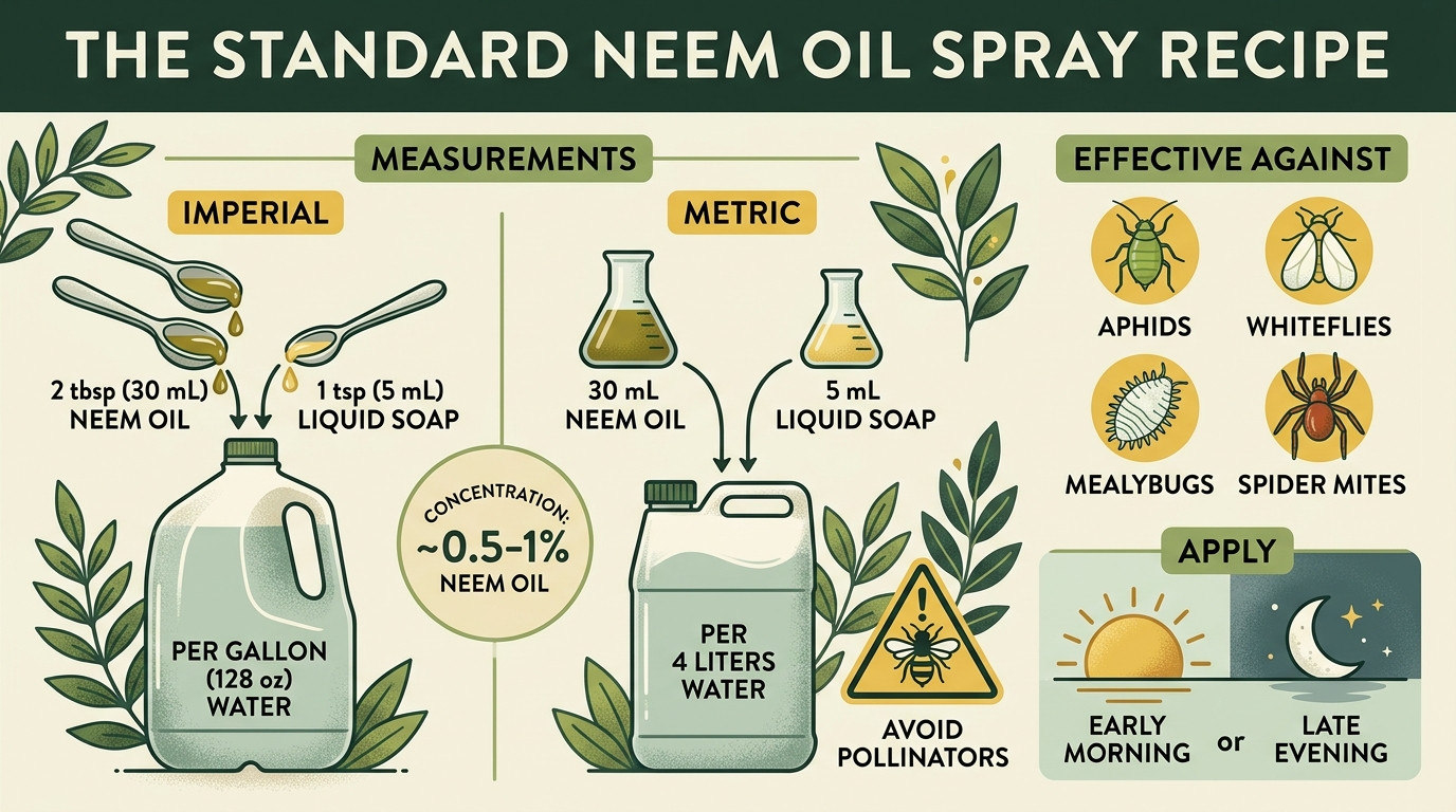 Neem oil spray recipe formulas showing Imperial and Metric calculations
