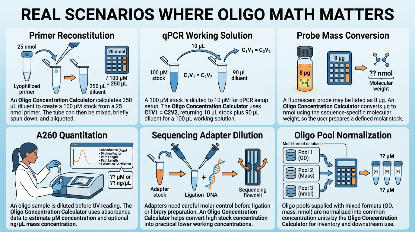 Oligo Concentration Calculator scenarios for primers probes A260 adapters and oligo pools