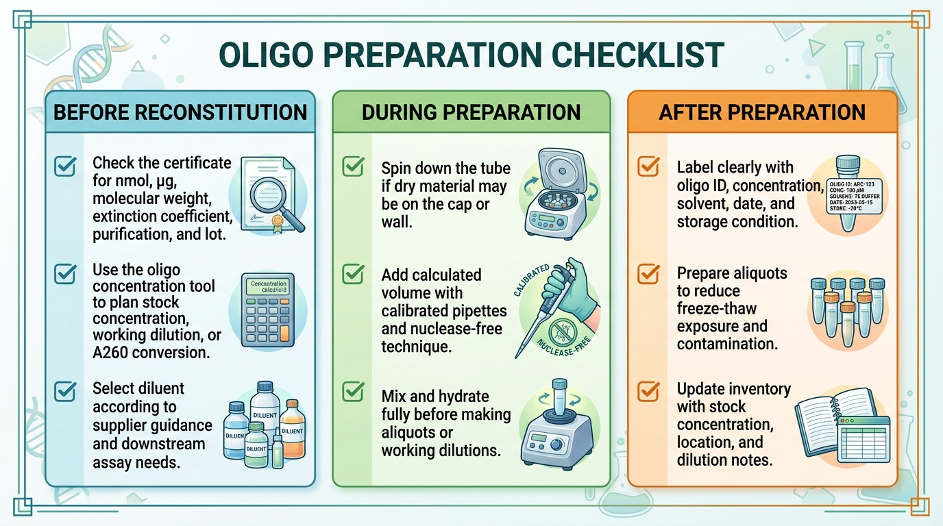 Oligo concentration preparation checklist for reconstitution dilution labeling and storage