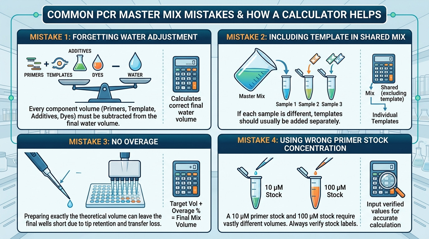 PCR Master Mix Calculator mistakes for water volume template overage primer stock and controls
