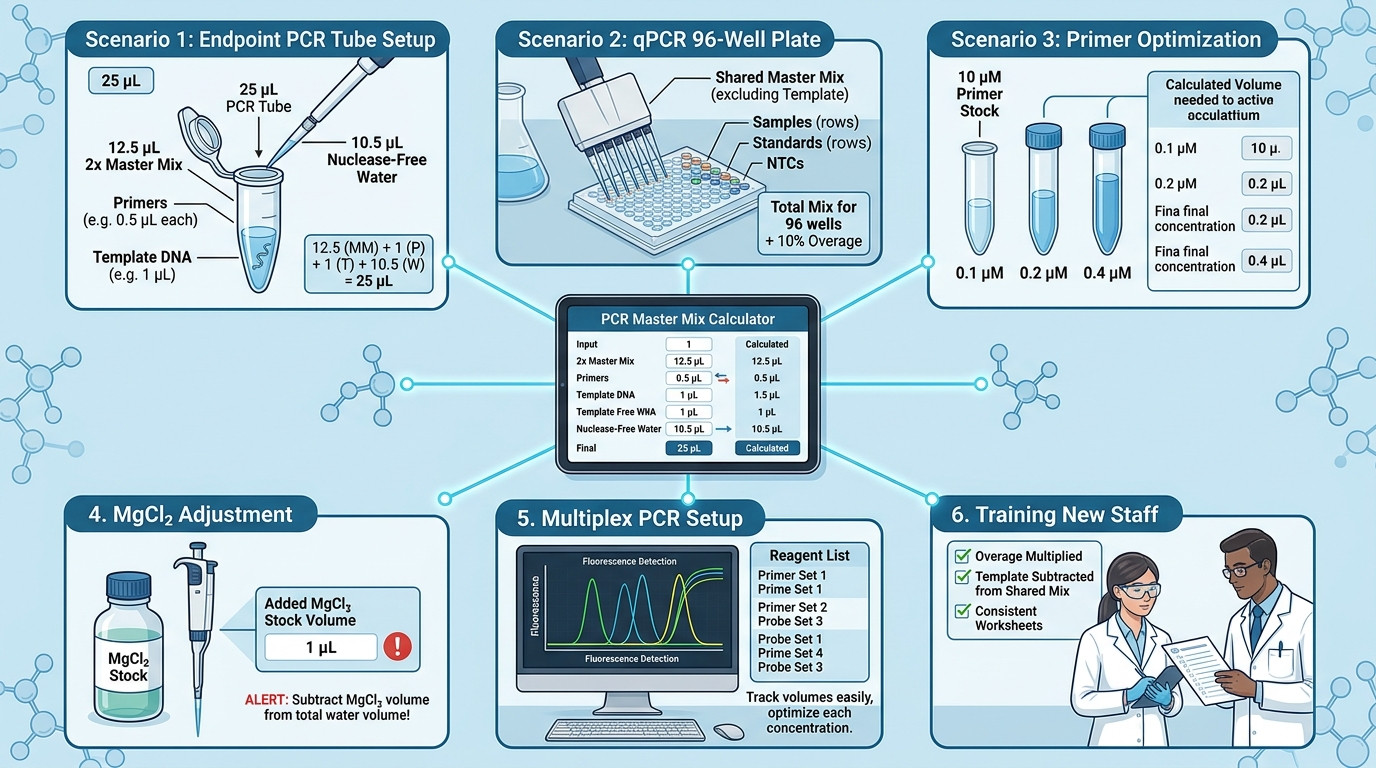 PCR Master Mix Calculator scenarios for endpoint PCR qPCR primer optimization MgCl2 and plate setup