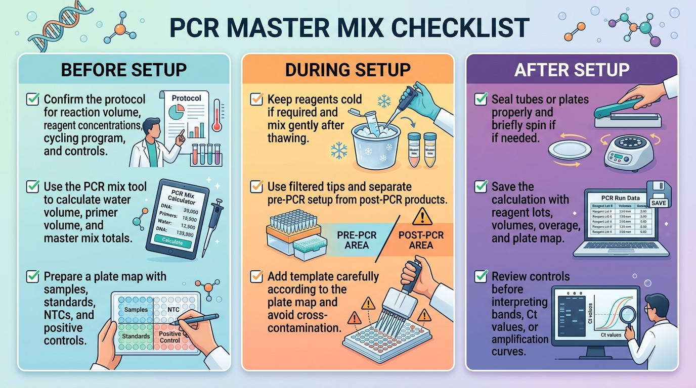 PCR Master Mix Calculator checklist for reagent volumes controls plate maps and contamination control