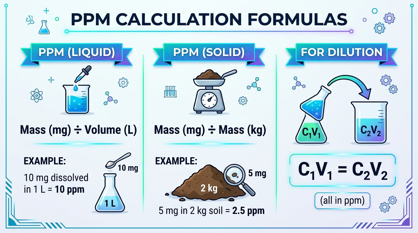 Core PPM calculation formulas showing mass-volume relationships and unit conversions