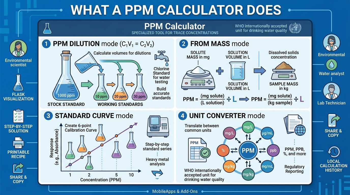 PPM calculator with laboratory glassware for water quality testing and trace analysis