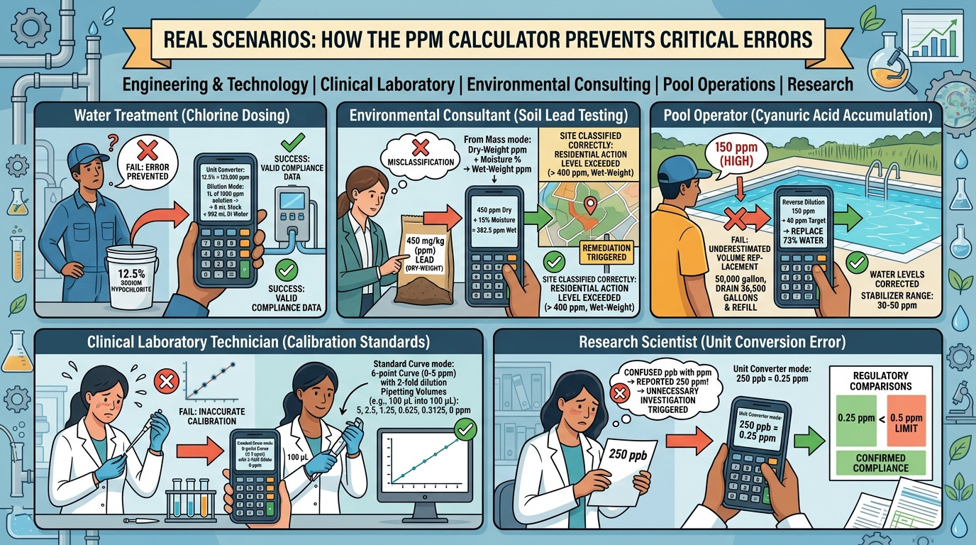 Real PPM calculation scenarios in water treatment, environmental testing, and laboratory analysis