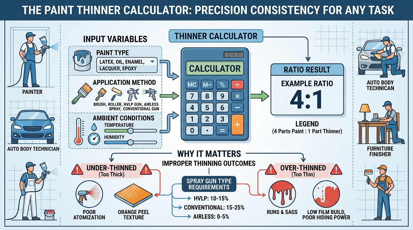 Paint thinner calculator with paint cans, spray guns, brushes, and measuring equipment