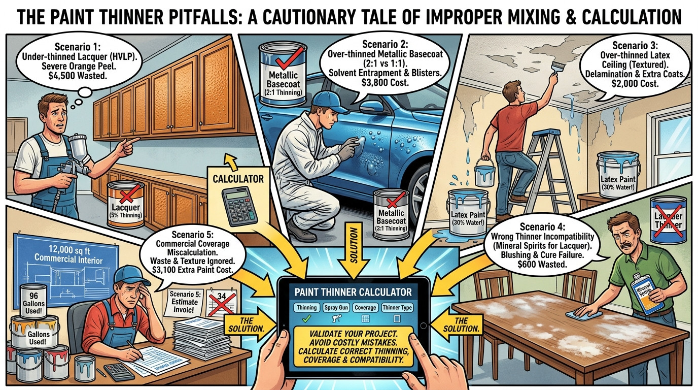 Paint thinner calculator scenarios in auto body, cabinet making, furniture finishing, and commercial painting
