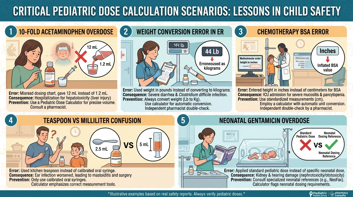 Pediatric dose calculator scenarios in emergency departments, pharmacies, and neonatal intensive care