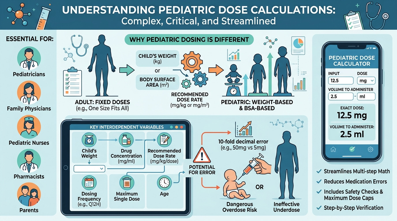 Pediatric dose calculator with oral syringe, liquid medication, child weight scale, and dosing chart
