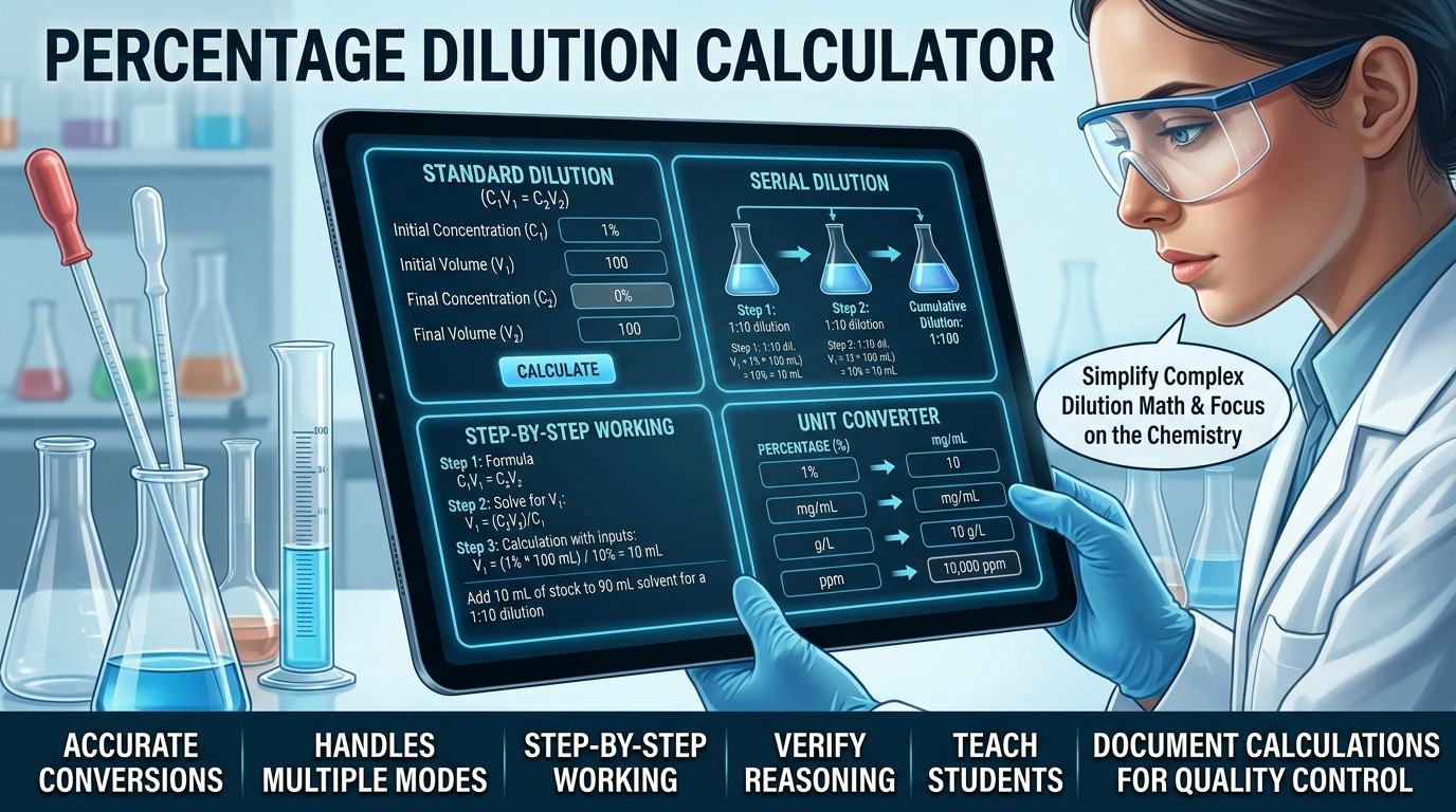 Percentage dilution calculator with laboratory glassware, volumetric flasks, and analytical balance