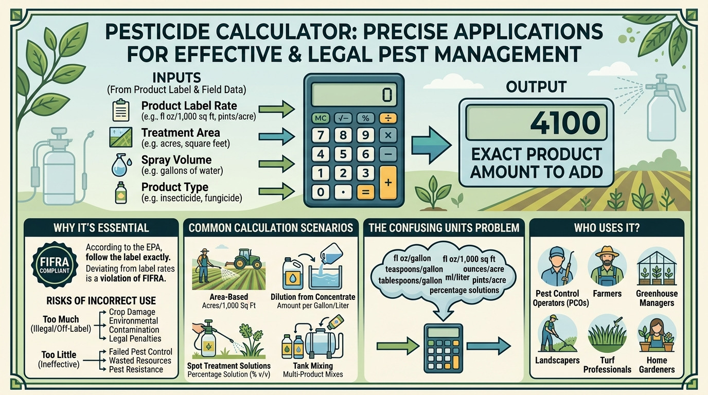 Pesticide calculator with sprayer, pesticide containers, garden, and pest control equipment