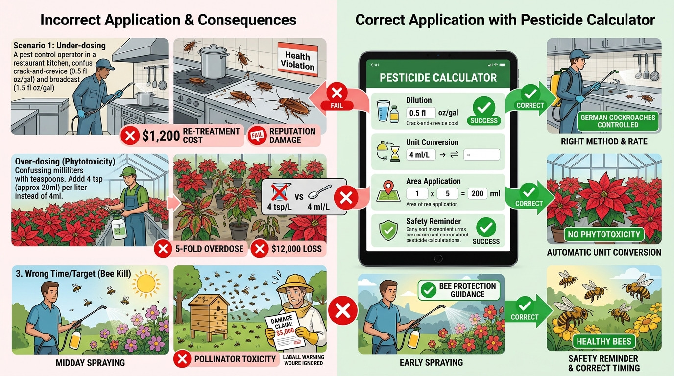 Pesticide calculator scenarios in pest control, greenhouse, turf management, and agriculture