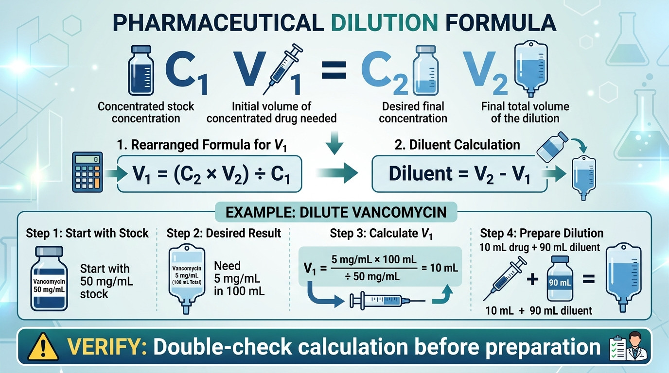 Core pharmaceutical dilution formulas showing C1V1=C2V2 and IV infusion calculations