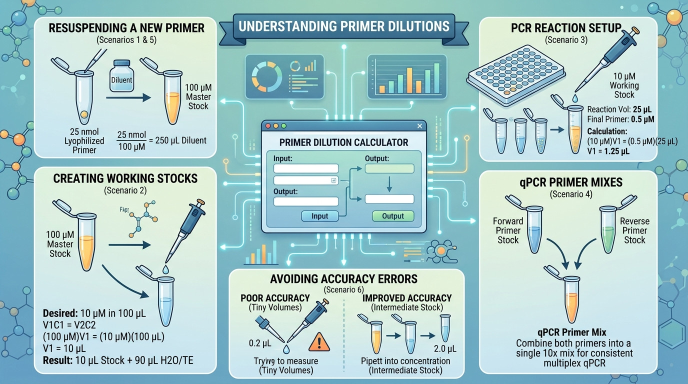 Primer dilution scenarios for dry oligo resuspension working stock PCR qPCR sequencing and primer mix setup
