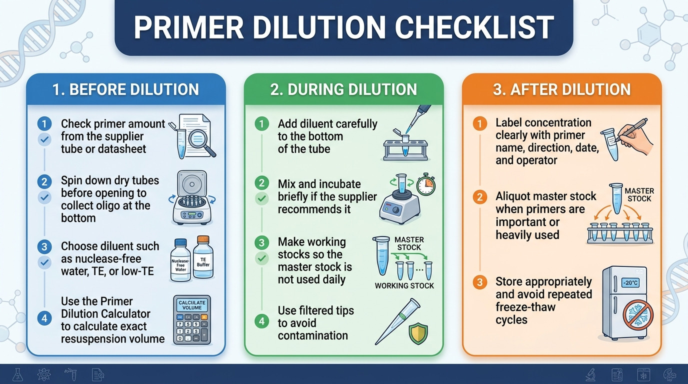 Primer dilution checklist for oligo resuspension working stocks labeling and PCR setup