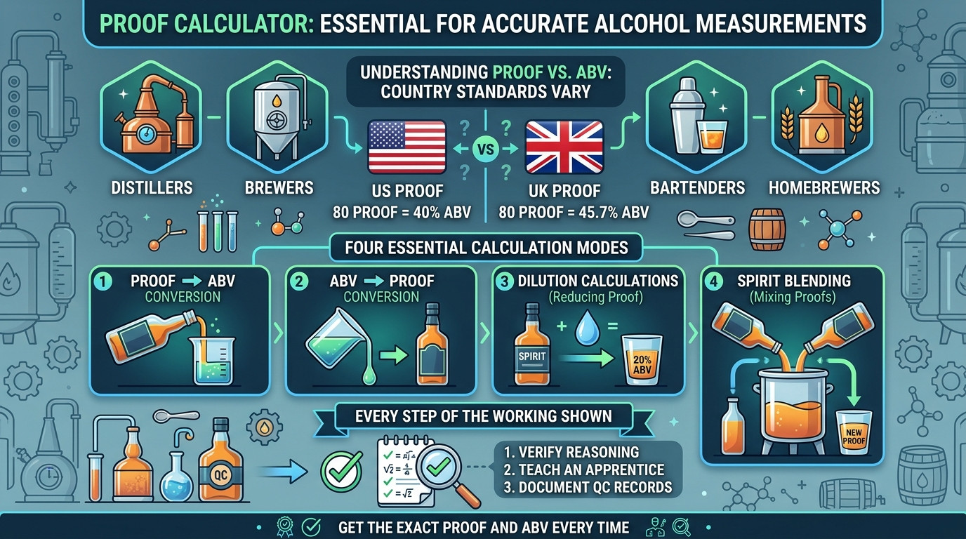 Proof calculator with alcohol bottles, hydrometer, and measuring equipment