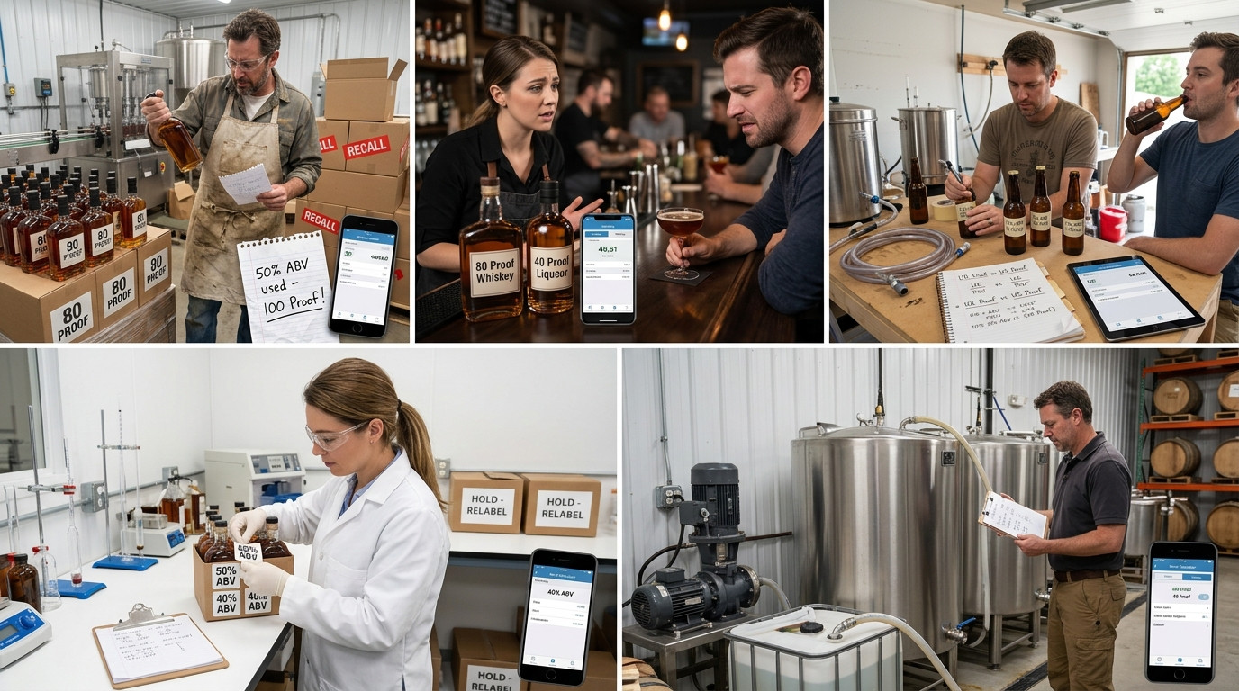 Proof calculator scenarios in craft distilling, bartending, and quality control