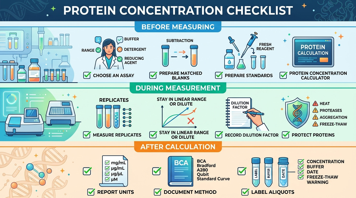 Protein concentration checklist for assays blanks dilution factor standards and sample handling