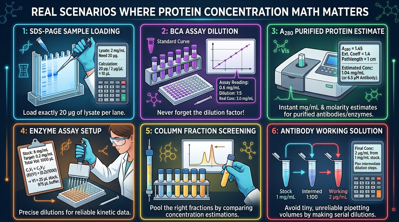 Protein concentration scenarios for SDS PAGE BCA Bradford A280 enzyme assays and antibody dilution