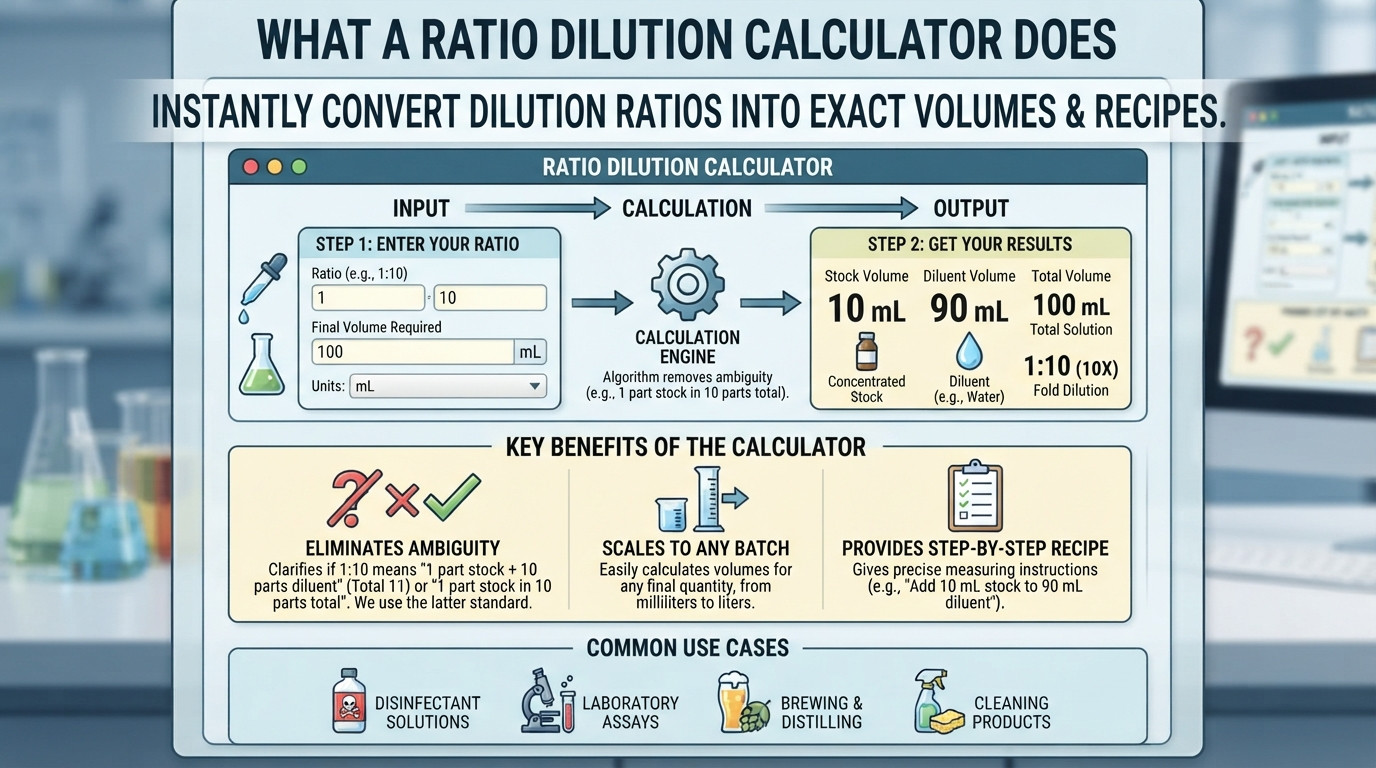 Ratio dilution calculator illustrated with laboratory volumetric flasks and graduated cylinders