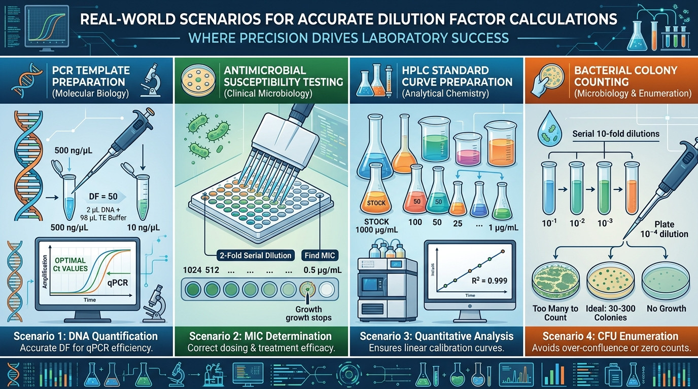 Real-world dilution factor scenarios in PCR, microbiology, and HPLC