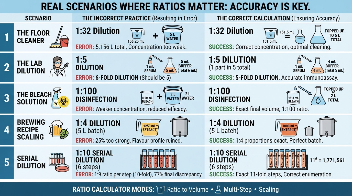 Real ratio dilution scenarios showing laboratory and industrial applications