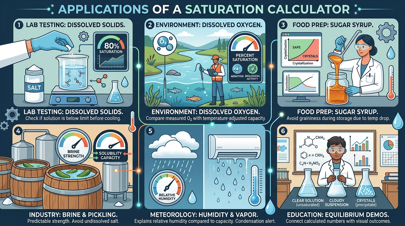 Saturation Calculator applications for water oxygen syrups brines humidity and classroom chemistry