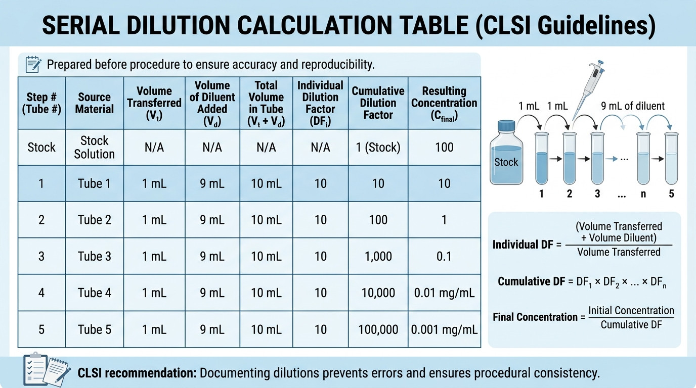 Serial dilution calculation table with test tubes, pipettes, and laboratory equipment