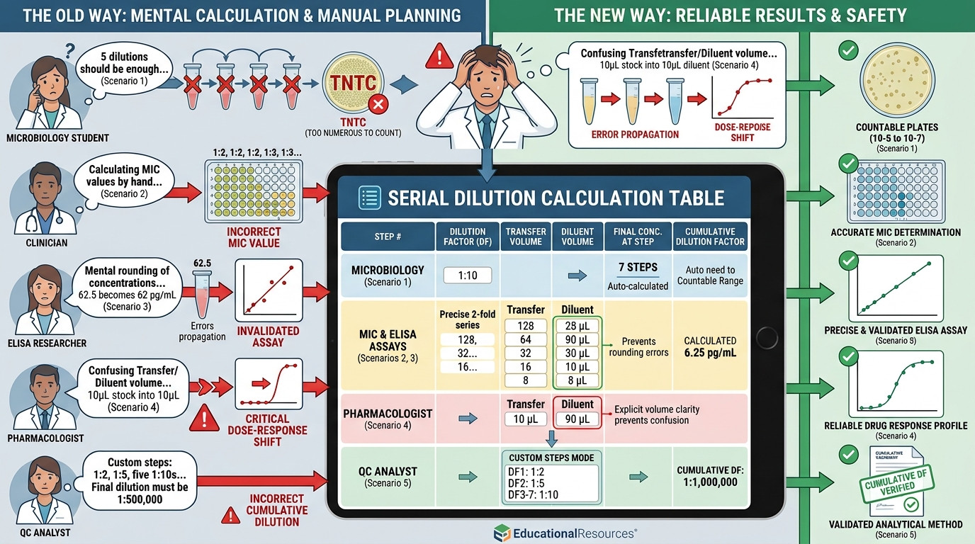Real serial dilution calculation table scenarios in microbiology, clinical laboratory, and research