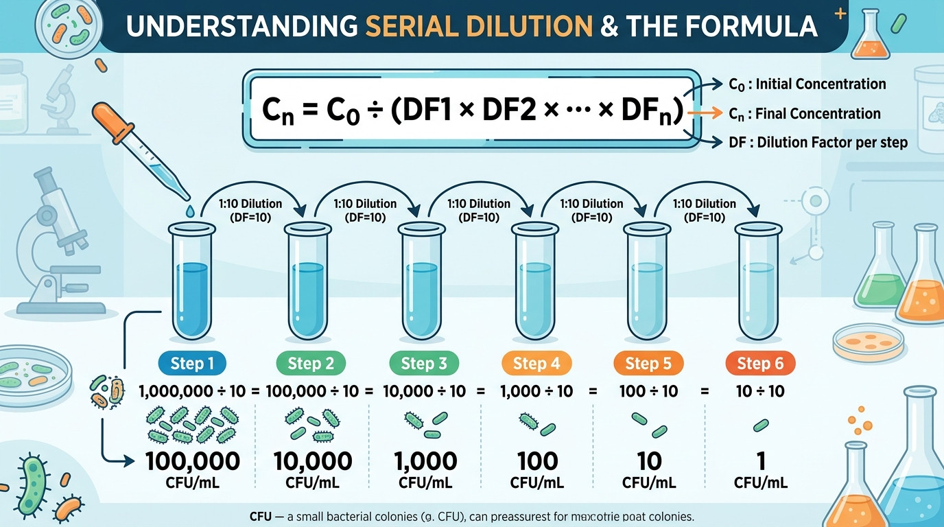 Serial dilution calculation table formulas showing step-by-step dilution factor multiplication