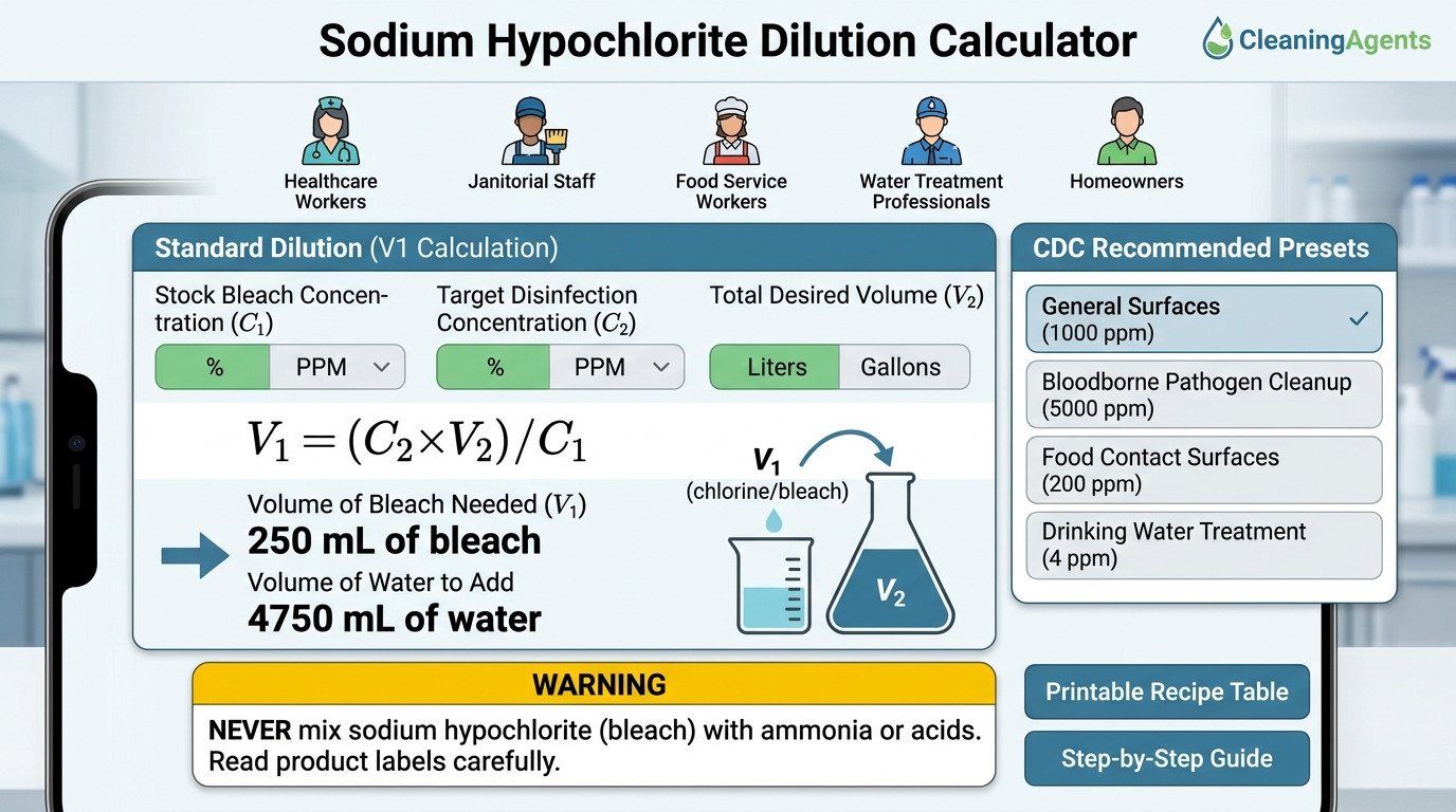 Sodium hypochlorite dilution calculator with bleach bottles, measuring cups, and safety equipment