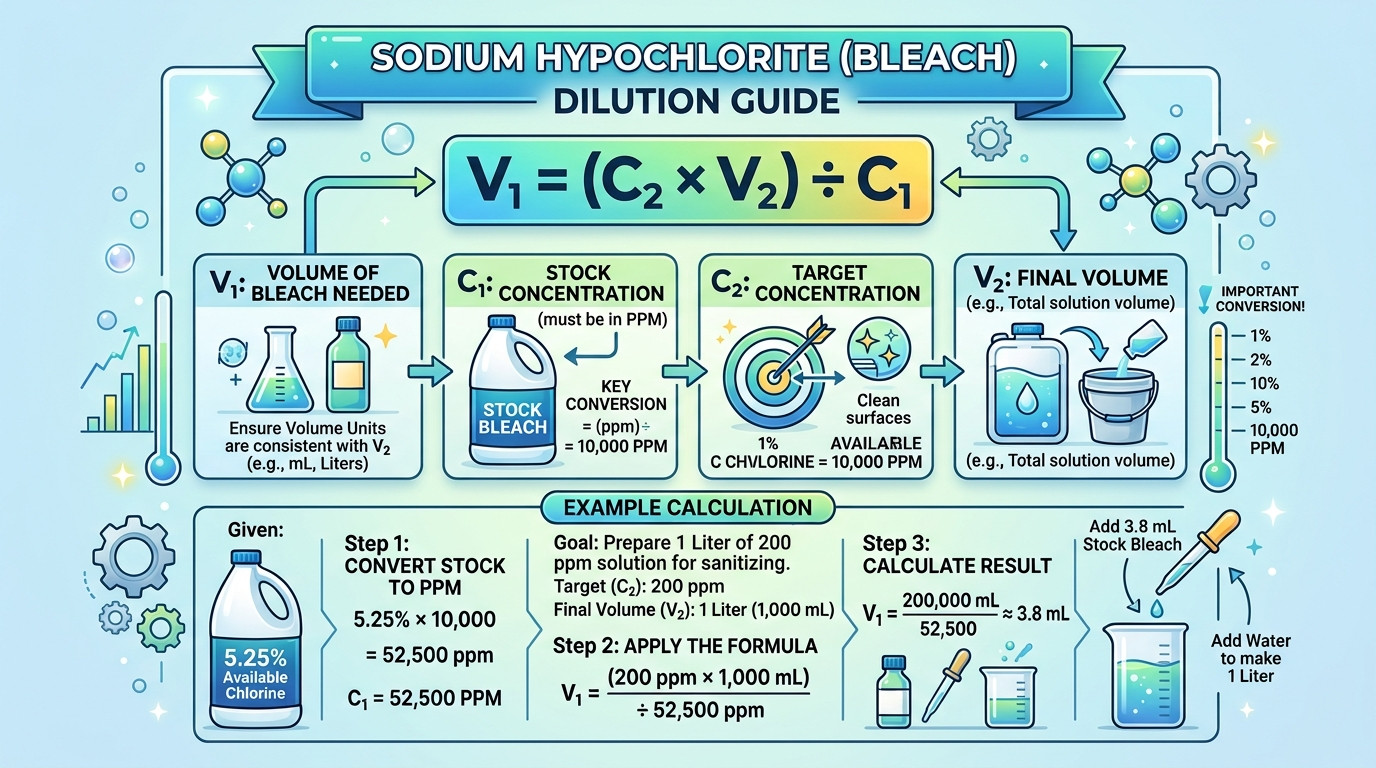Sodium hypochlorite dilution formulas showing PPM conversions and CDC-recommended concentrations