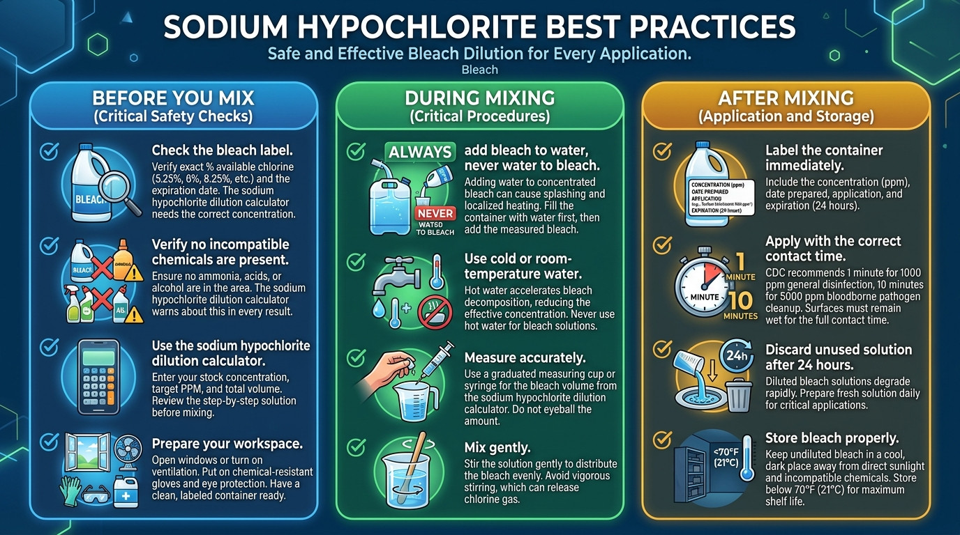 Sodium hypochlorite dilution calculator best practices checklist for healthcare and food service