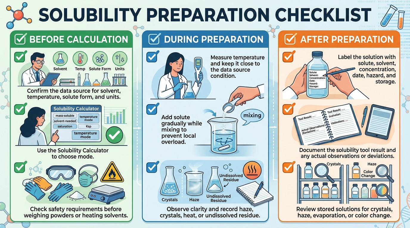 Solubility preparation checklist for temperature solvent labeling and verification