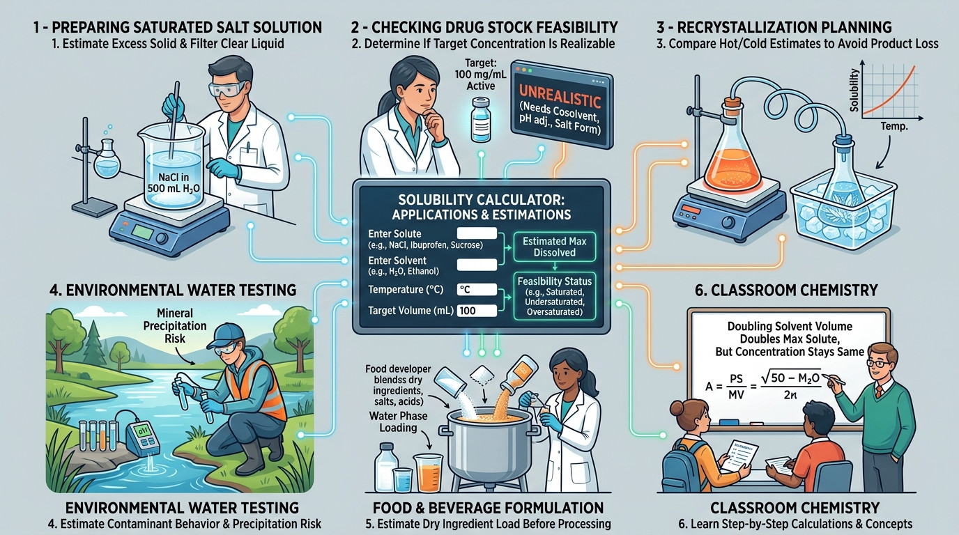 Solubility calculation scenarios for lab formulation crystallization and water testing