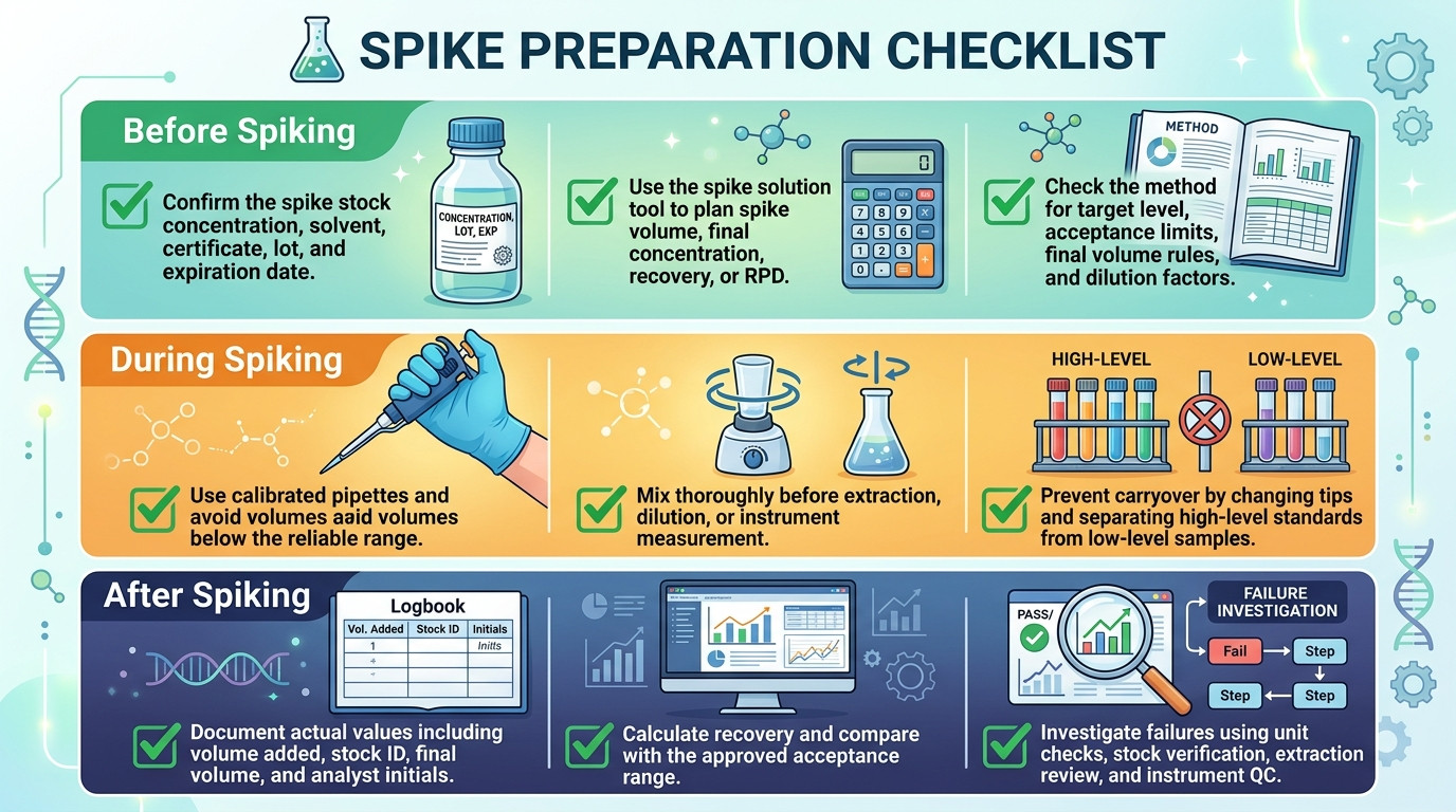 Spike solution preparation checklist for stock verification pipetting recovery and documentation