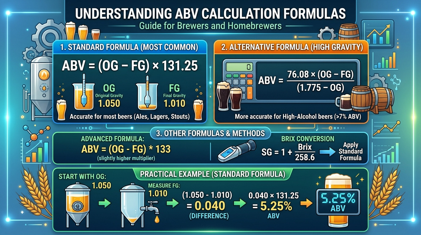 ABV calculator formulas for gravity method, Brix conversion, dilution, and blending calculations