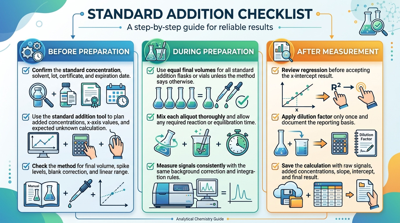 Standard addition checklist for standards final volumes regression and reporting