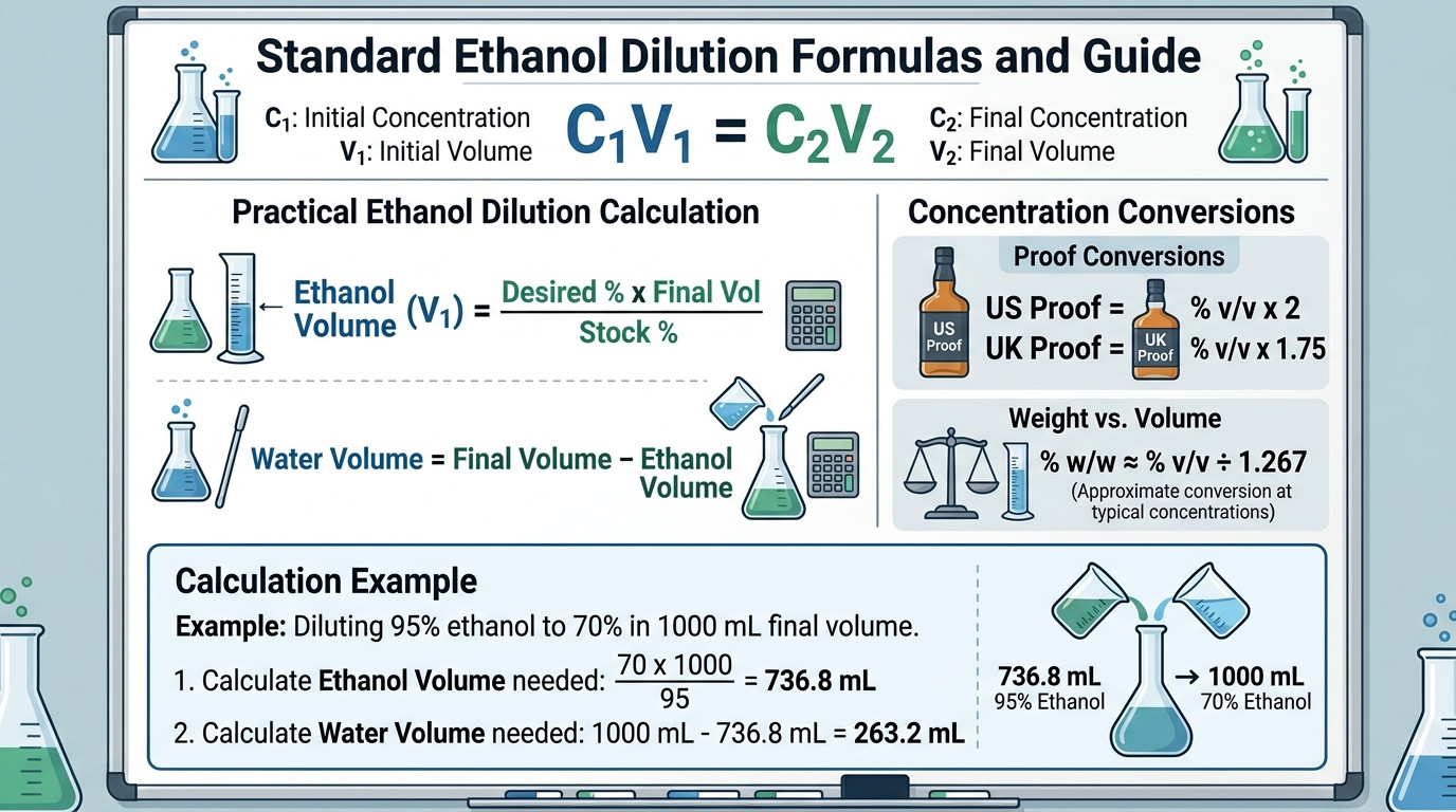 Ethanol dilution calculator formulas showing C1V1=C2V2, proof conversion, and WHO sanitizer recipe
