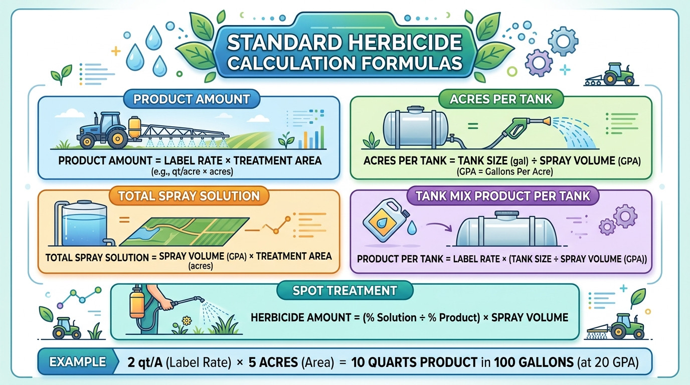 Herbicide calculator formulas for area application, tank mix, spot treatment, and dilution