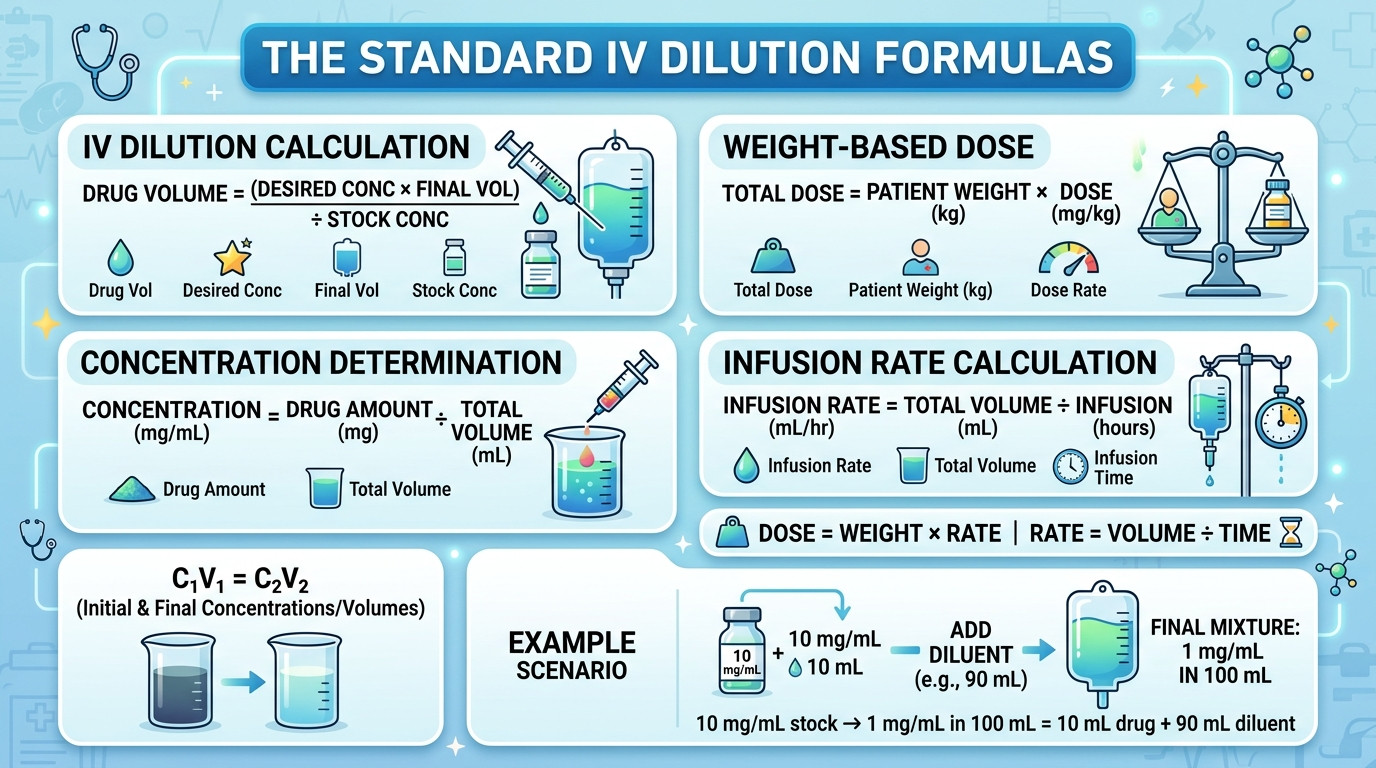 IV dilution calculator formulas showing C1V1=C2V2, weight-based dosing, and infusion rate calculations