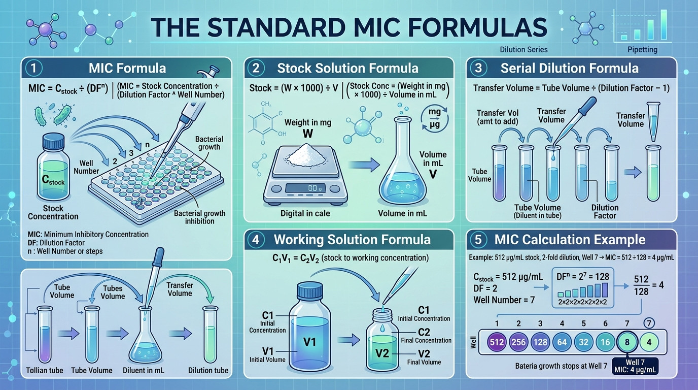 MIC dilution calculator formulas showing stock preparation, serial dilution, and MIC calculation