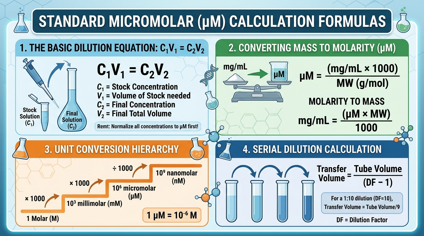 Micromolar calculator formulas showing C1V1=C2V2, mass-to-molarity conversion, and enzyme kinetics