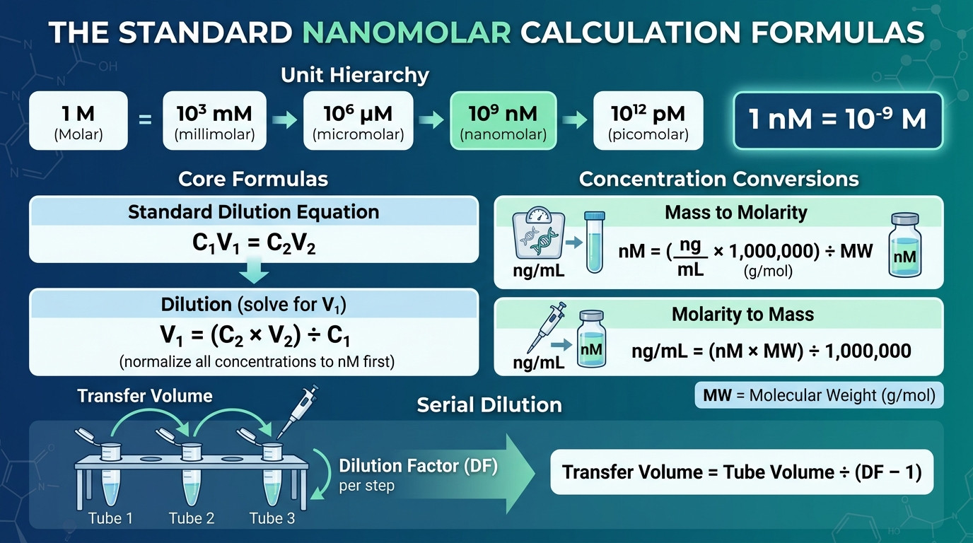 Nanomolar calculator formulas showing C1V1=C2V2, mass-to-molarity conversion, and serial dilution